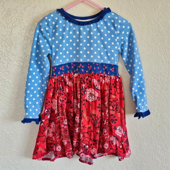 Girls Long-Sleeve Blue Polka Dot & Red Floral Dress With Back Bow - Matilda Jane - Picture 3 of 8